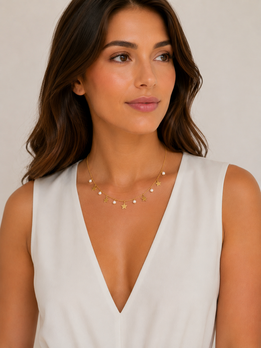 Collar Para Mujer Dorado con Estrellas y Perlas