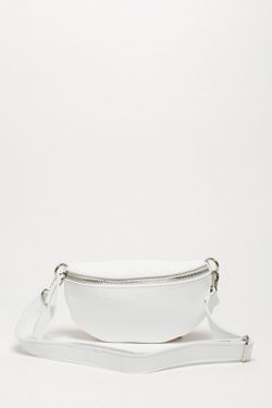 Riñonera de piel para mujer blanco cremallera plateado