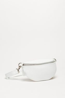 Riñonera de piel para mujer blanco cremallera plateado