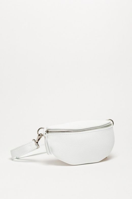 Riñonera de piel para mujer blanco cremallera plateado