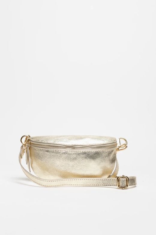 Riñonera de piel para mujer dorado metalizado cremallera dorada