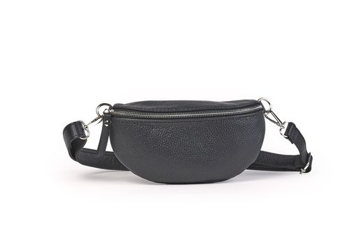 Riñonera de piel para mujer negro cremallera plateado