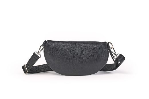 Riñonera de piel para mujer negro cremallera plateado