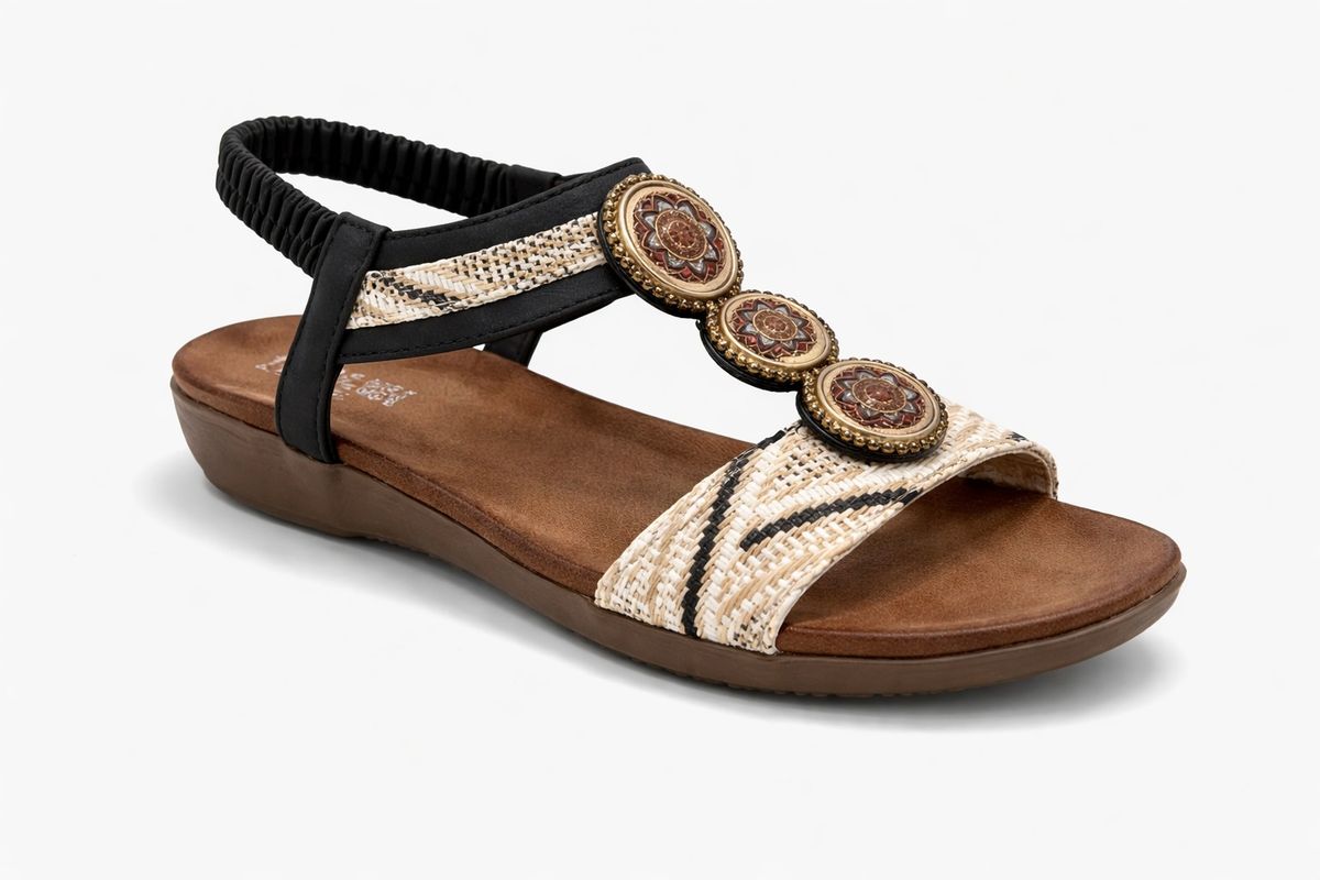 Sandalia Boho Chic con Detalles Ornamentales Negro