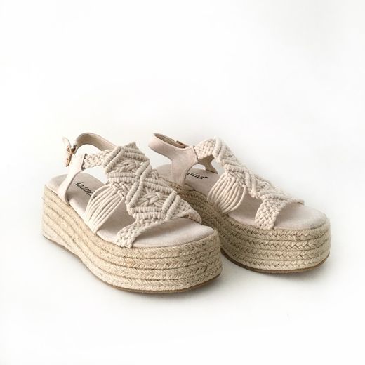 Sandalia Con Plataforma De Yute Trenzado Beige