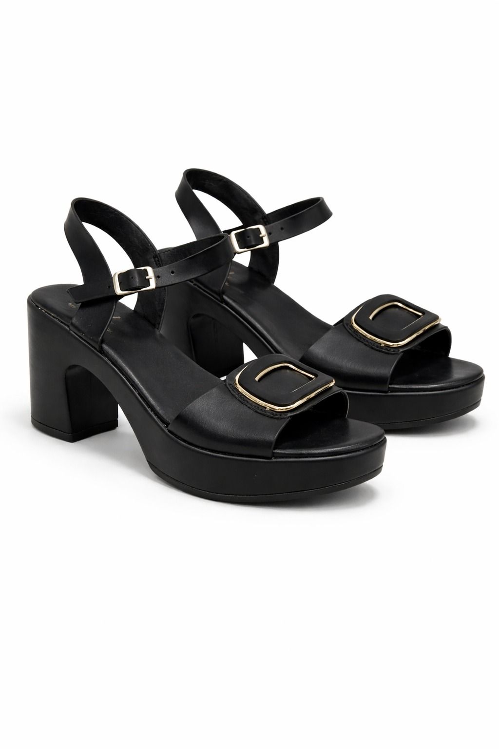 Sandalia De Plataforma Con Tacón Ancho y Hebilla Decorativa Negro