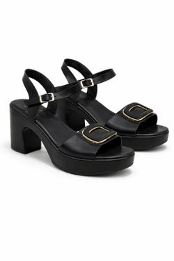 Sandalia De Plataforma Con Tacón Ancho y Hebilla Decorativa Negro