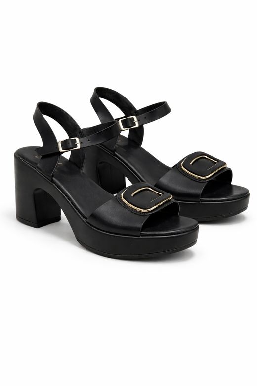 Sandalia De Plataforma Con Tacón Ancho y Hebilla Decorativa Negro