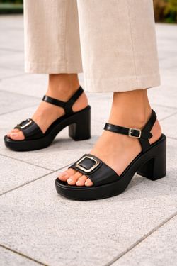 Sandalia De Plataforma Con Tacón Ancho y Hebilla Decorativa Negro