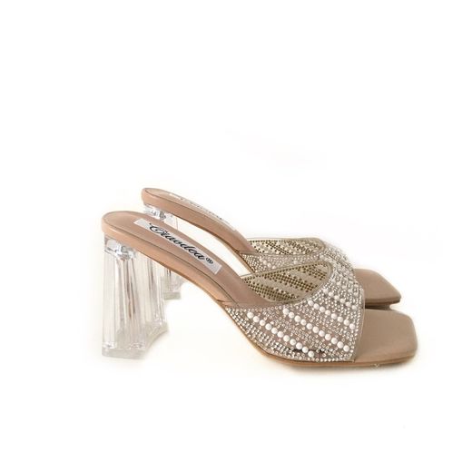 Sandalia De Tacón Transparente Con Brillos Nude