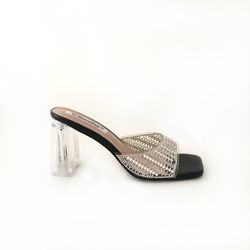Sandalia De Tacón Transparente Con Brillos Negro