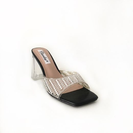 Sandalia De Tacón Transparente Con Brillos Negro