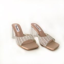 Sandalia De Tacón Transparente Con Brillos Nude
