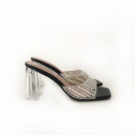Sandalia De Tacón Transparente Con Brillos Negro