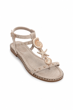 Sandalia Plana Marina Beige Con Detalles Dorados