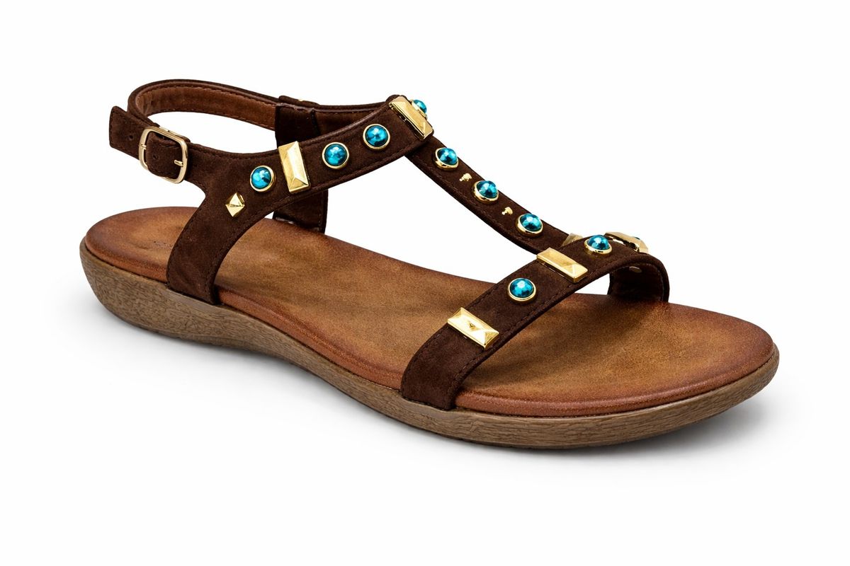 Sandalia Plana Marrón Con Detalles Dorados Y Pedrería