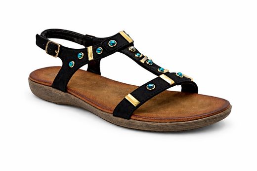 Sandalia Plana Negra Con Detalles Dorados Y Pedrería