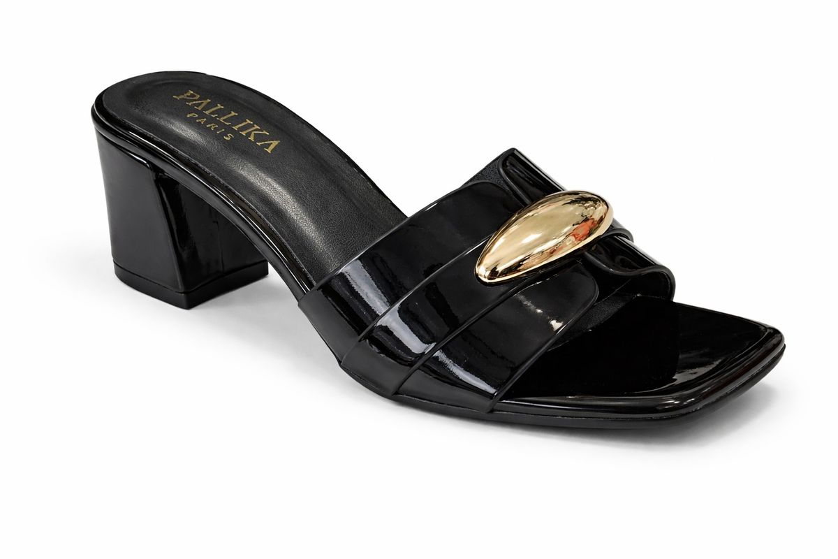 Sandalia Tipo Mule Con Tacón Medio y Detalle Metálico Elegante Negro