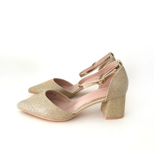 Zapato De Fiesta Con Tacón Ancho Dorado